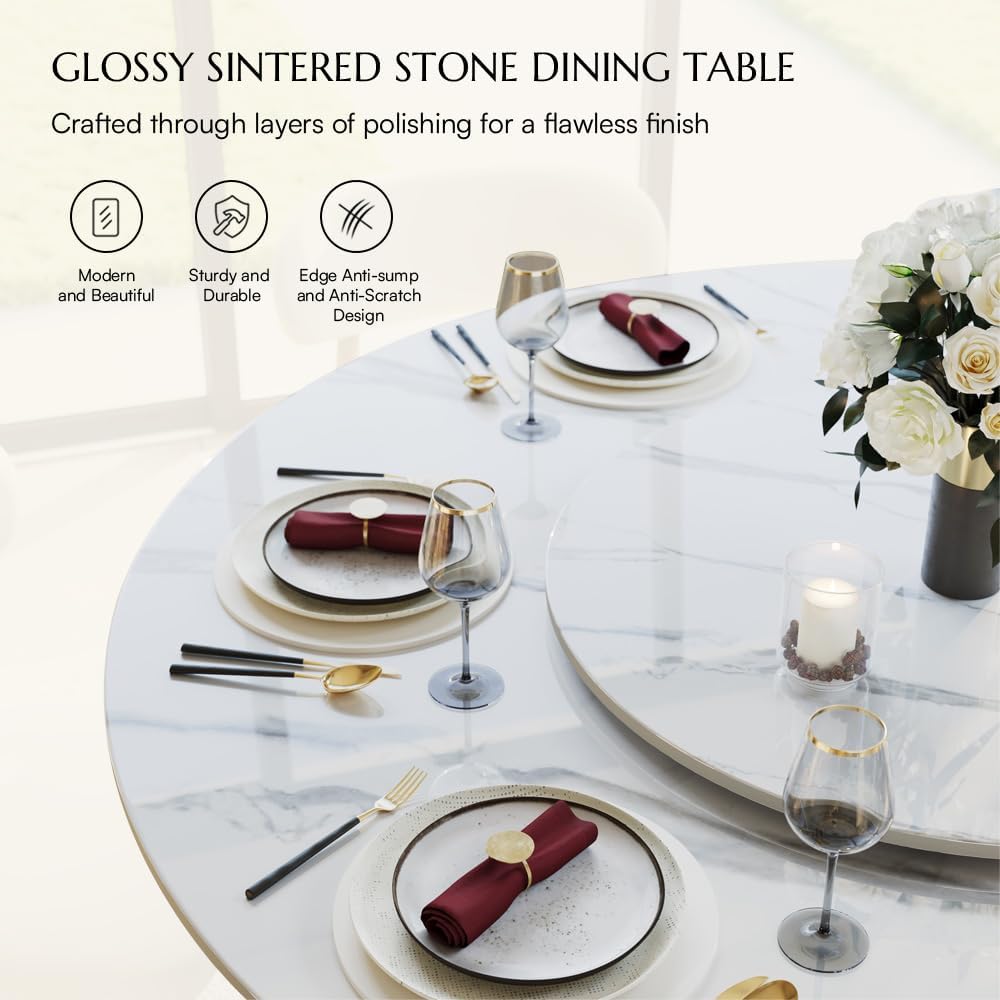 POVISON 59' Modern Dining Table, Glossy White Round Dining Table for 6 Built in Lazy Susan, Sintered Stone Dining Tabletop with Black X Carbon Steel Base (Table Only)