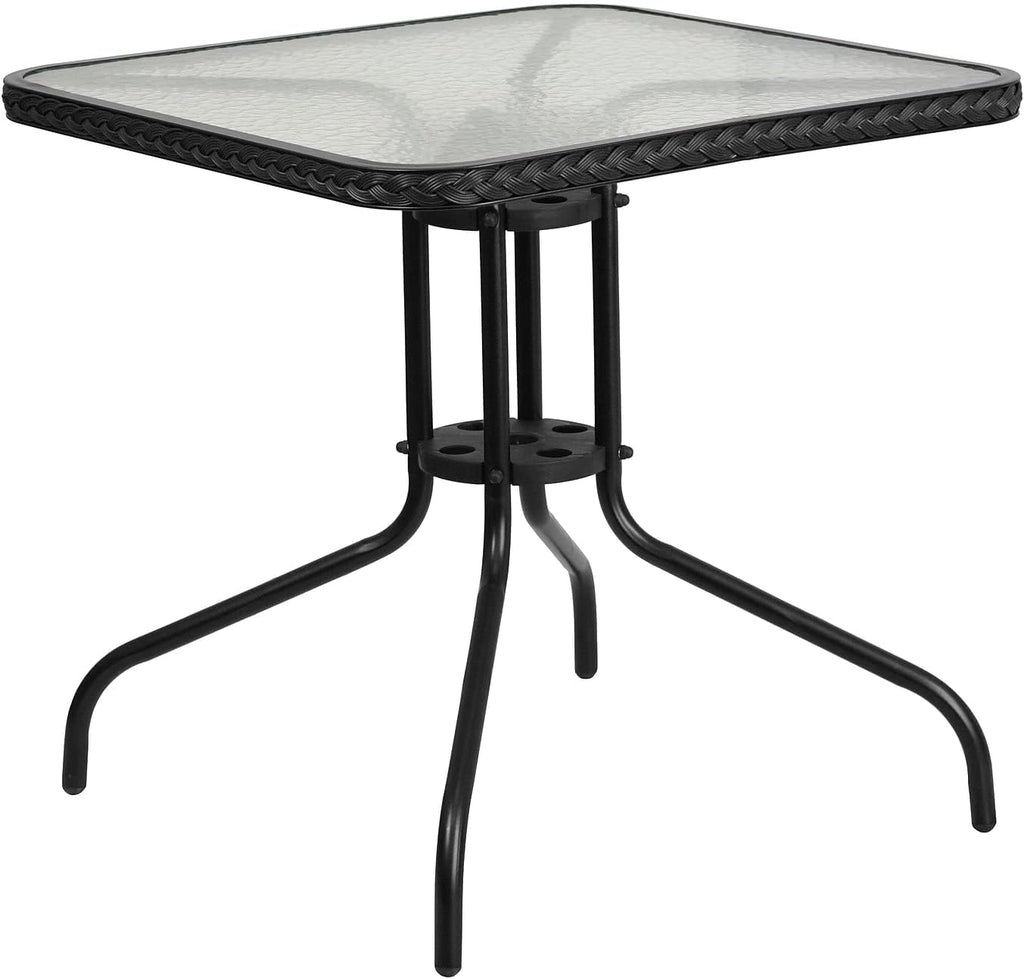 Flash Furniture Lila 28'' Square Glass Metal Table with Black Rattan Edging and 2 Black Rattan Stack Chairs