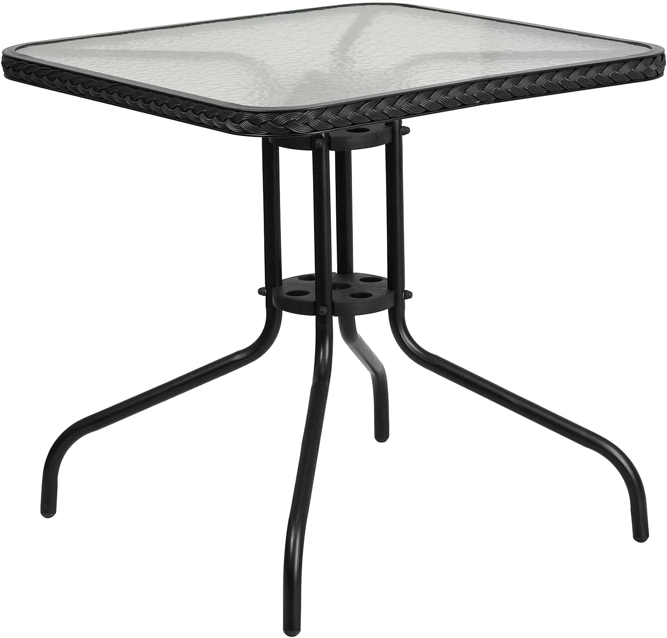 Flash Furniture Lila 28'' Square Glass Metal Table with Black Rattan Edging and 2 Black Rattan Stack Chairs