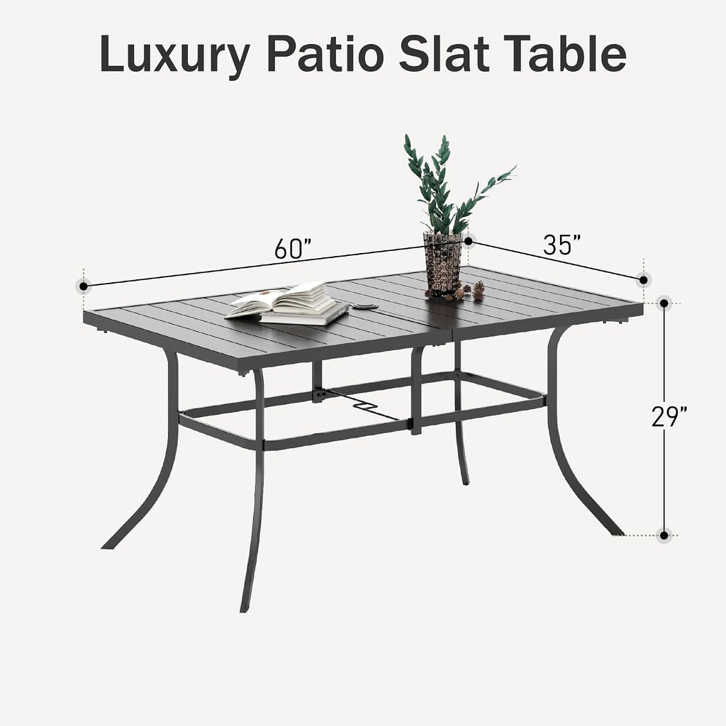 PHI VILLA 6-Person Outdoor Metal Steel Slat Dining Rectangle Table with Adjustable Umbrella Hole, Weather-Resistant for Patio Outdoor Use, Black