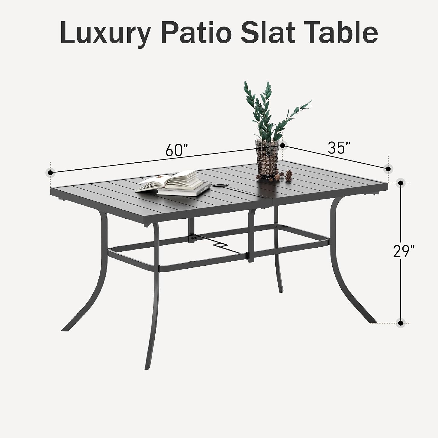 PHI VILLA 6-Person Outdoor Metal Steel Slat Dining Rectangle Table with Adjustable Umbrella Hole, Weather-Resistant for Patio Outdoor Use, Black