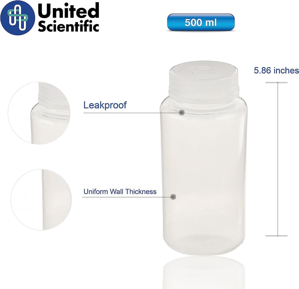 United Scientific™ 16oz Bottles with Lids, Wide Mouth Polypropylene Reagent Bottle, Autoclavable, BPA-Free, RoHS Compliant, 500ml, Case of 144