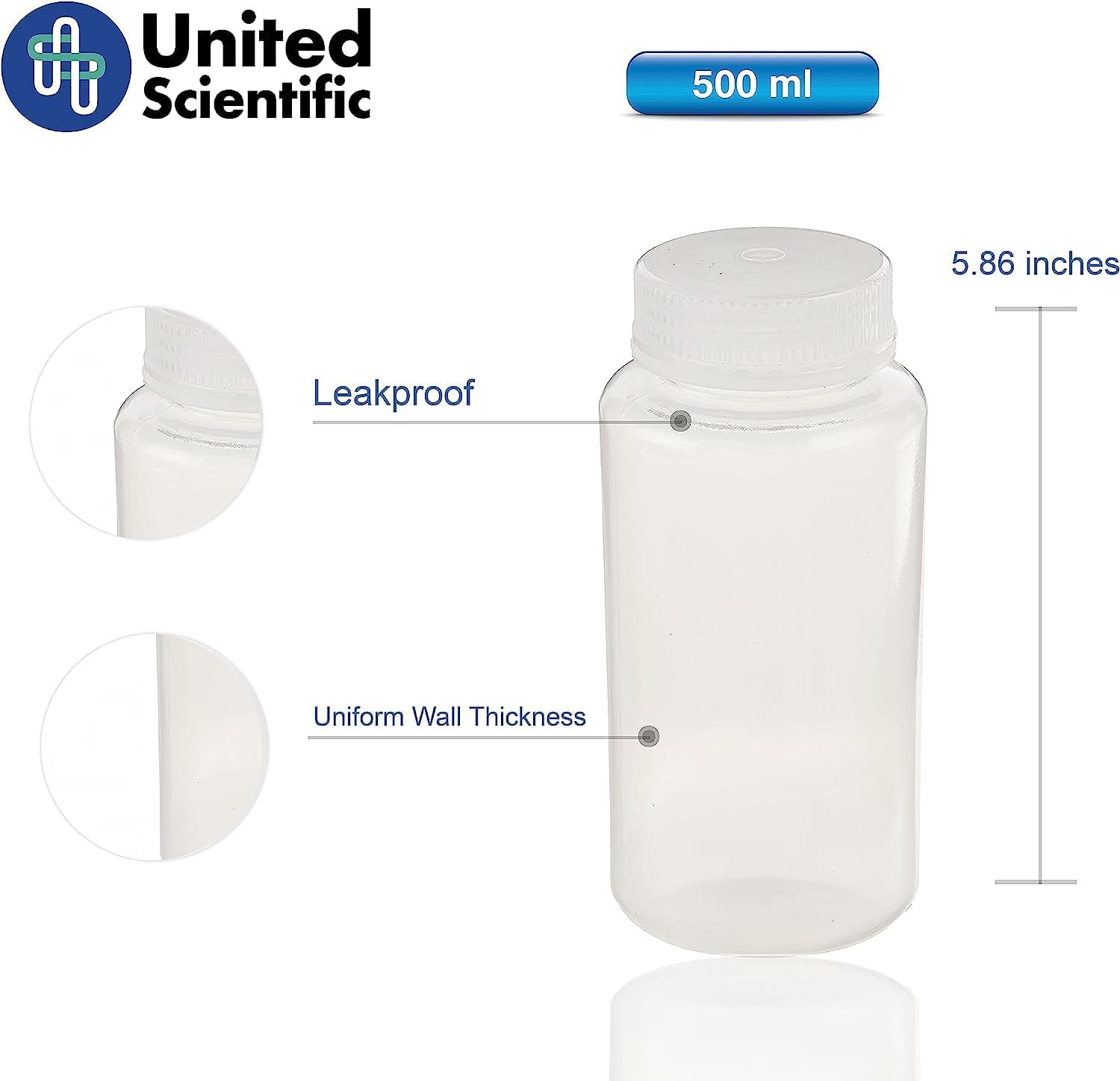 United Scientific™ 16oz Bottles with Lids, Wide Mouth Polypropylene Reagent Bottle, Autoclavable, BPA-Free, RoHS Compliant, 500ml, Case of 144