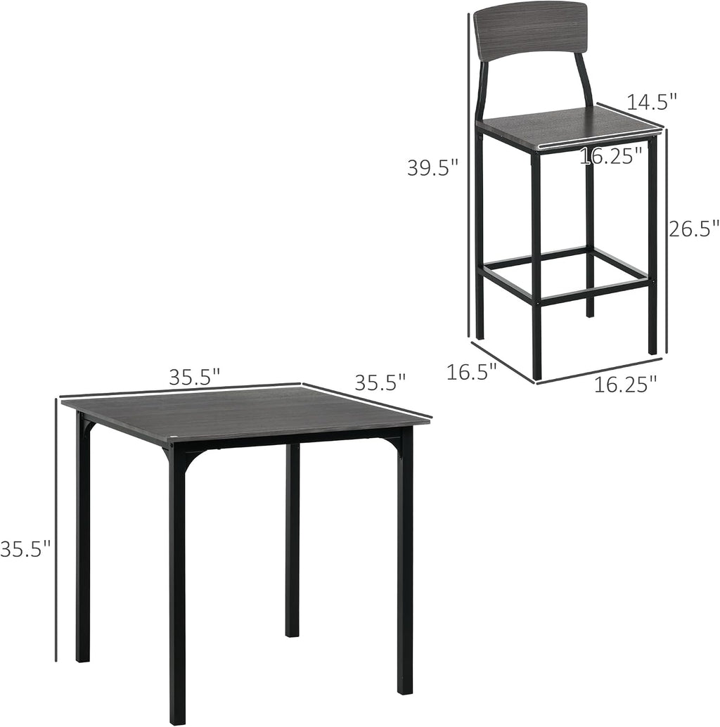 HOMCOM 5-Piece Counter Height Bar Table with Space-Saving Design, Square Kitchen Table and Chairs Set with Footrest, Metal Legs, Industrial Dining Table Set for 4, Gray