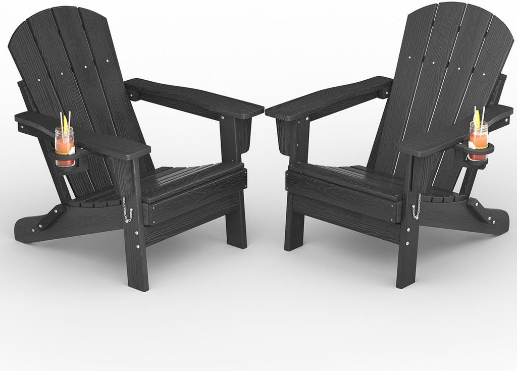 Folding Adirondack Chair Set of 2, All-Weather HDPE Outdoor Chair, Wooden Textured with Cup Holder for patios, Decks, Gardens, fire pits, Black