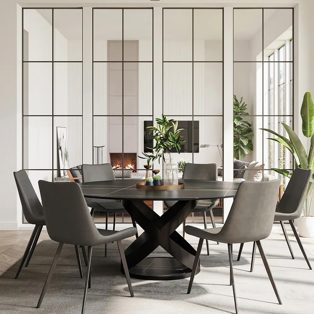 POVISON 60' Round Dining Table for 6, Modern Dining Room Table with Lazy Susan, Matte Black Sintered Stone Dining Tabletop with X-Shape Carbon Steel Base (Table Only)