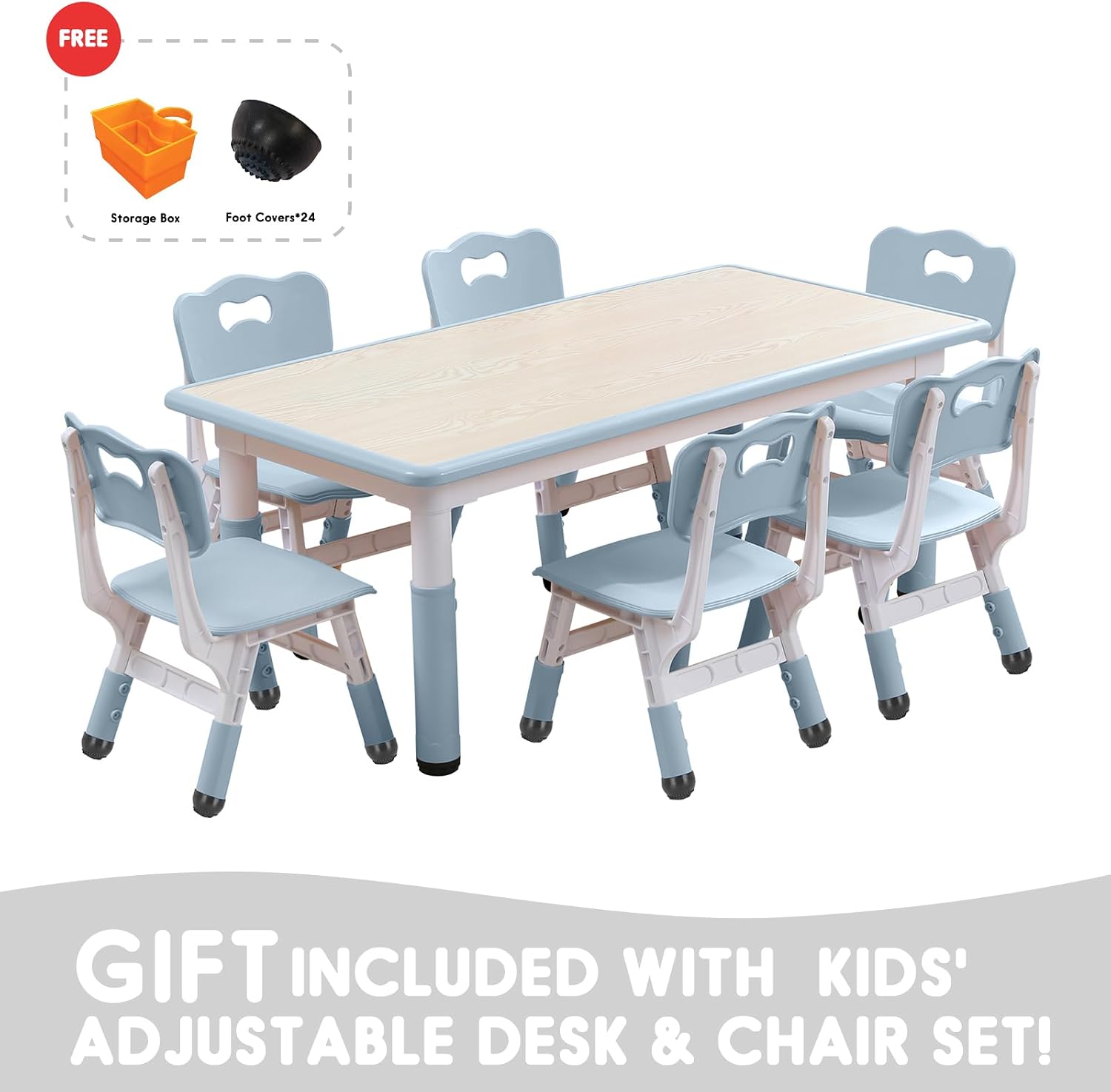 Kids Table and Chairs Set, Height Adjustable Desk With 6 Seats for Ages 3-12,Arts & Crafts Table,Graffiti Desktop, Non-Slip Legs, Max 300lbs, Children Multi-Activity Table for Classrooms,Daycares,Home