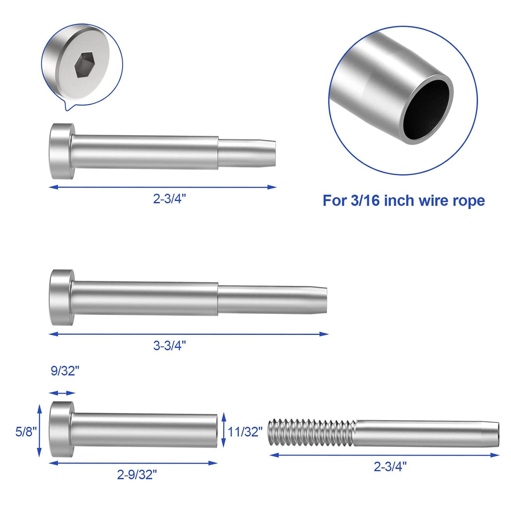 CKE 40 Pack Stainless Steel Invisible Receiver and Swage Stud End for 3/16 Inch Cable Railing, Deck Stair Threaded End Fitting for Wood & Metal Post