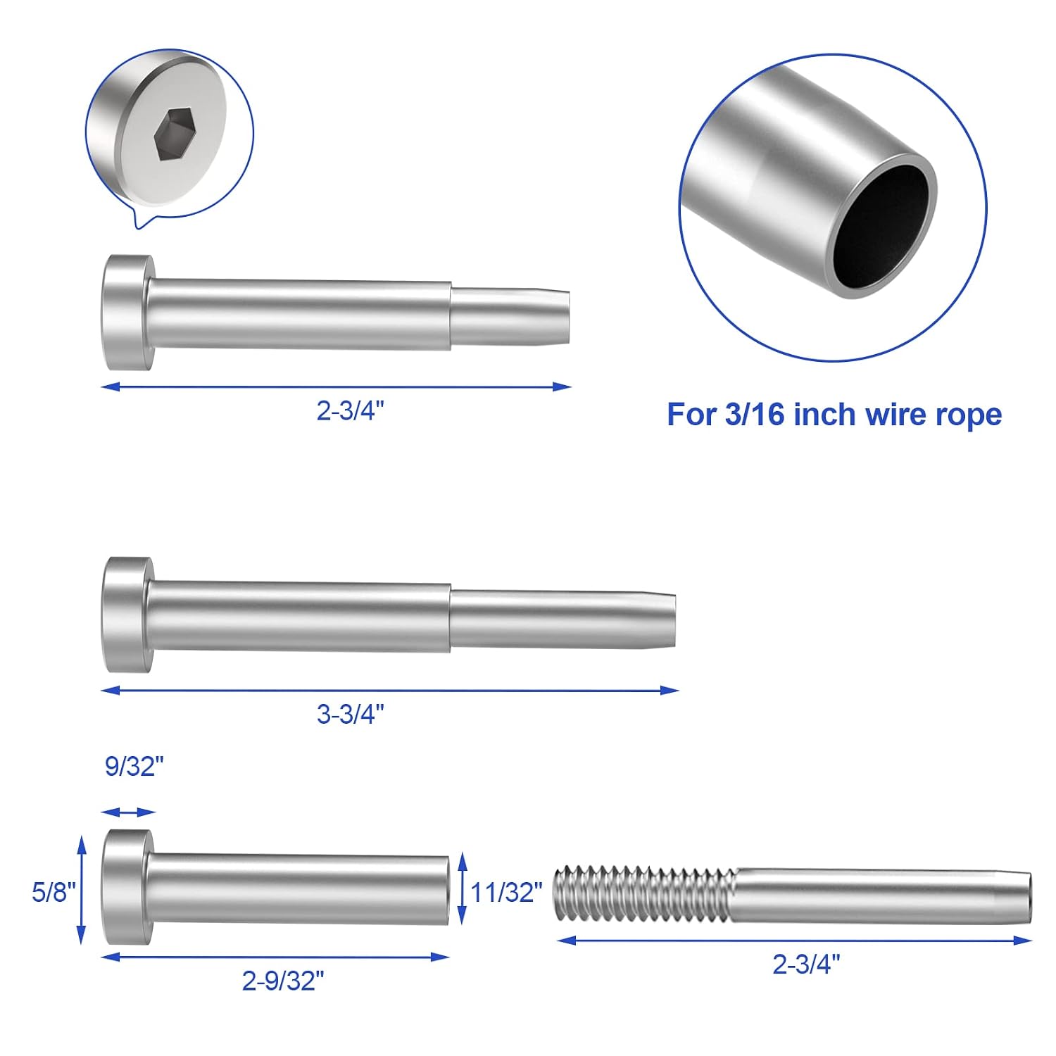 CKE 40 Pack Stainless Steel Invisible Receiver and Swage Stud End for 3/16 Inch Cable Railing, Deck Stair Threaded End Fitting for Wood & Metal Post
