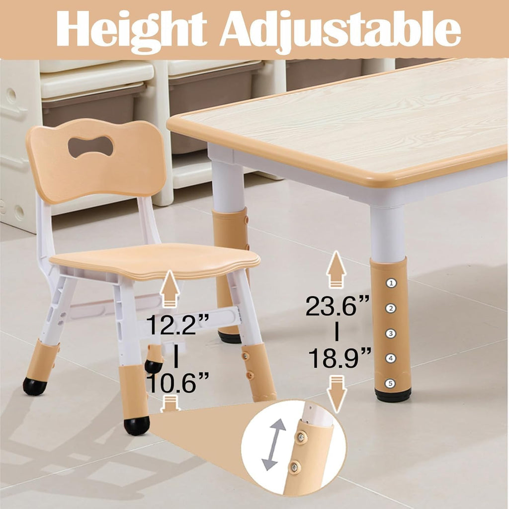 Garvee Kids Table and 6 Chair Set,47 in Modern Height Adjustable Toddler Table and 6 Chairs Set with Non-Slip Desk Legs&Organizer Graffiti Desktop, Preschool Activity Art Craft Tables for 6(Khaki)
