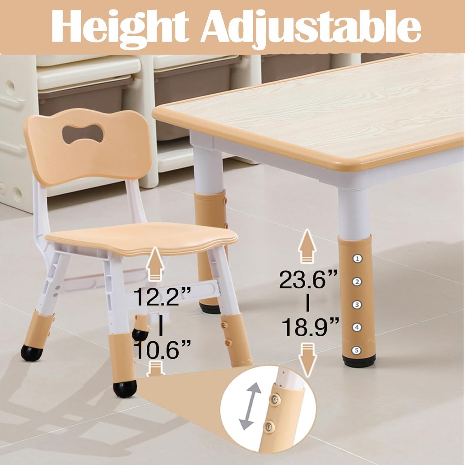 Garvee Kids Table and 6 Chair Set,47 in Modern Height Adjustable Toddler Table and 6 Chairs Set with Non-Slip Desk Legs&Organizer Graffiti Desktop, Preschool Activity Art Craft Tables for 6(Khaki)