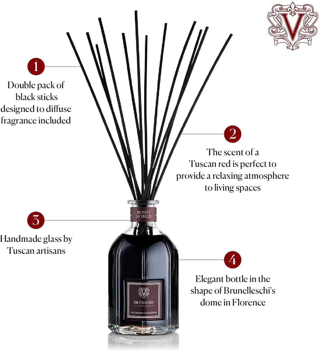Dr. Vranjes - Rosso Nobile 5000 ml + Double Pack of Black Sticks (3 Pieces Bundle) - Luxury Home Fragrance, Made in Italy, Main Scent Fruity: Orange, Strawberry and Red Berries, Birch