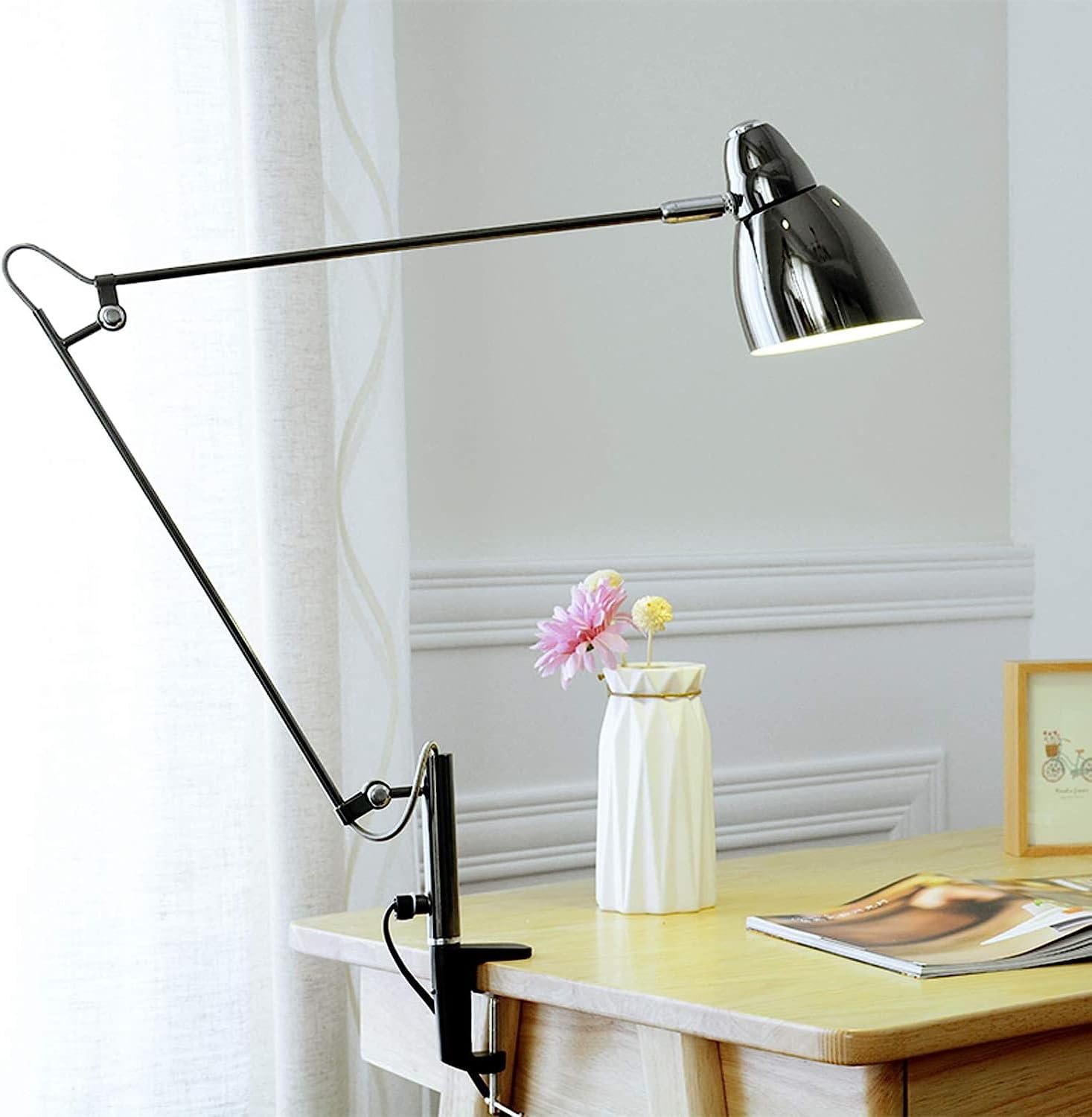 Desk Lamps Metal with Clip, Adjustable Reading Clamp Light with Long arm, Study Book Lamp for Work Office, with Cable and Switch, E27,Black