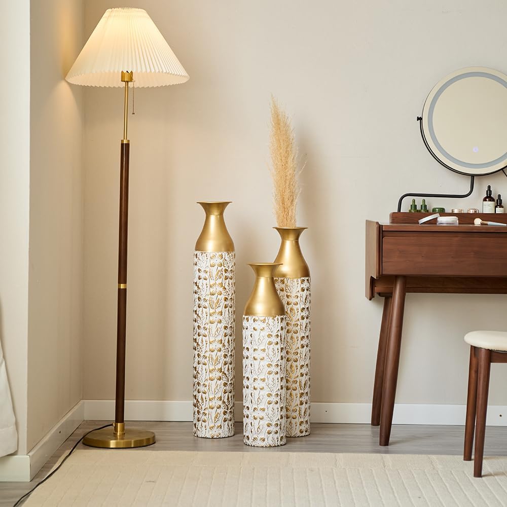 Floor Metal Decorated Vases Set of 3 for Gorgeous Home Decoration Large Glazed Metal Vases (Matt White+Gold)