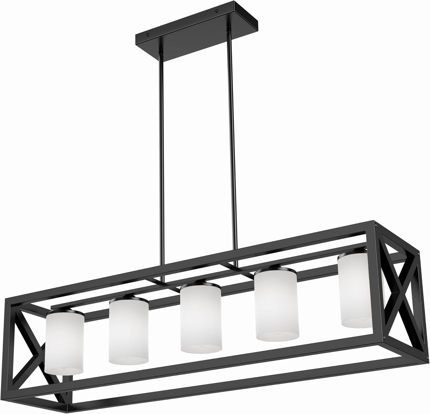 Black White Dining Room Light Fixture - 5 Light Rectangle Light Fixtures with Milk White Glass Shade & Adjustable Height & Thickened Metal Dining Table Lights Fixture Chandeliers for DiningRoom