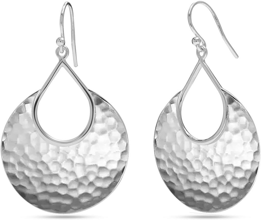 LeCalla 925 Sterling Silver Handmade Pendant Necklace Earrings | Set of 2 Pair Hammered Crescent Drop Earrings and Necklace