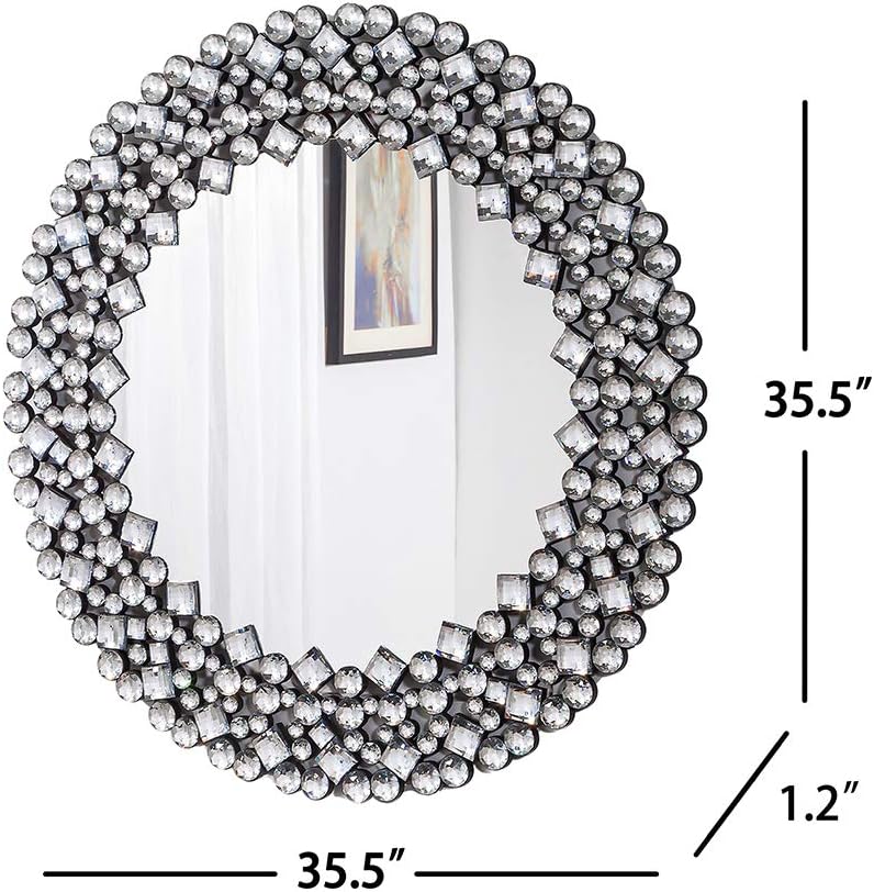 SHYFOY 35.5' Oversize Jeweled Ornate Wall Mirrors Decorative Crystal Accent Round Mirrors for Wall Home Decor, Modern Crushed Diamond Gemstone Mirror for Living Room