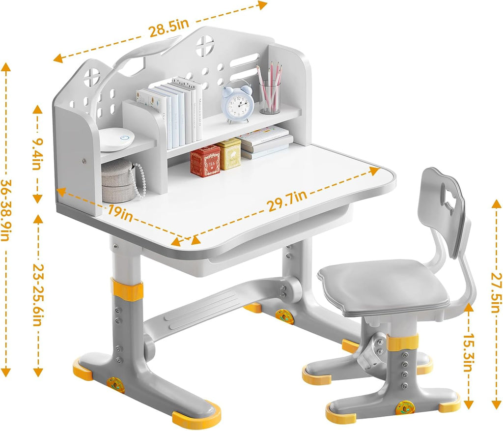 Kids Desk and Chair Set, Height Adjustable Child's School Study Writing Tables, Kids Desk with Bookstand and Storage Drawer, Widened Desktop with Desktop for Boys and Girls (Gray-B)