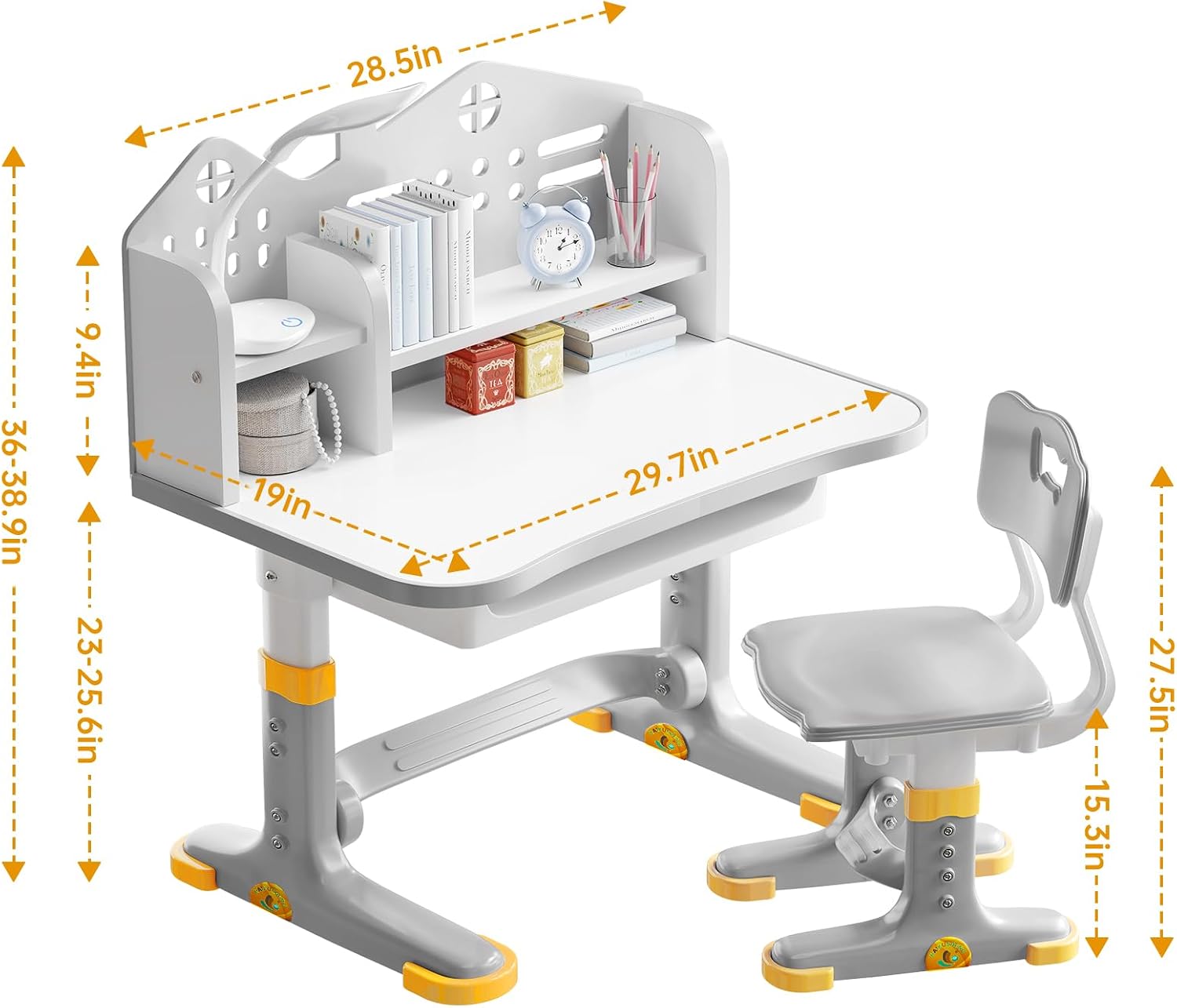 Kids Desk and Chair Set, Height Adjustable Child's School Study Writing Tables, Kids Desk with Bookstand and Storage Drawer, Widened Desktop with Desktop for Boys and Girls (Gray-B)