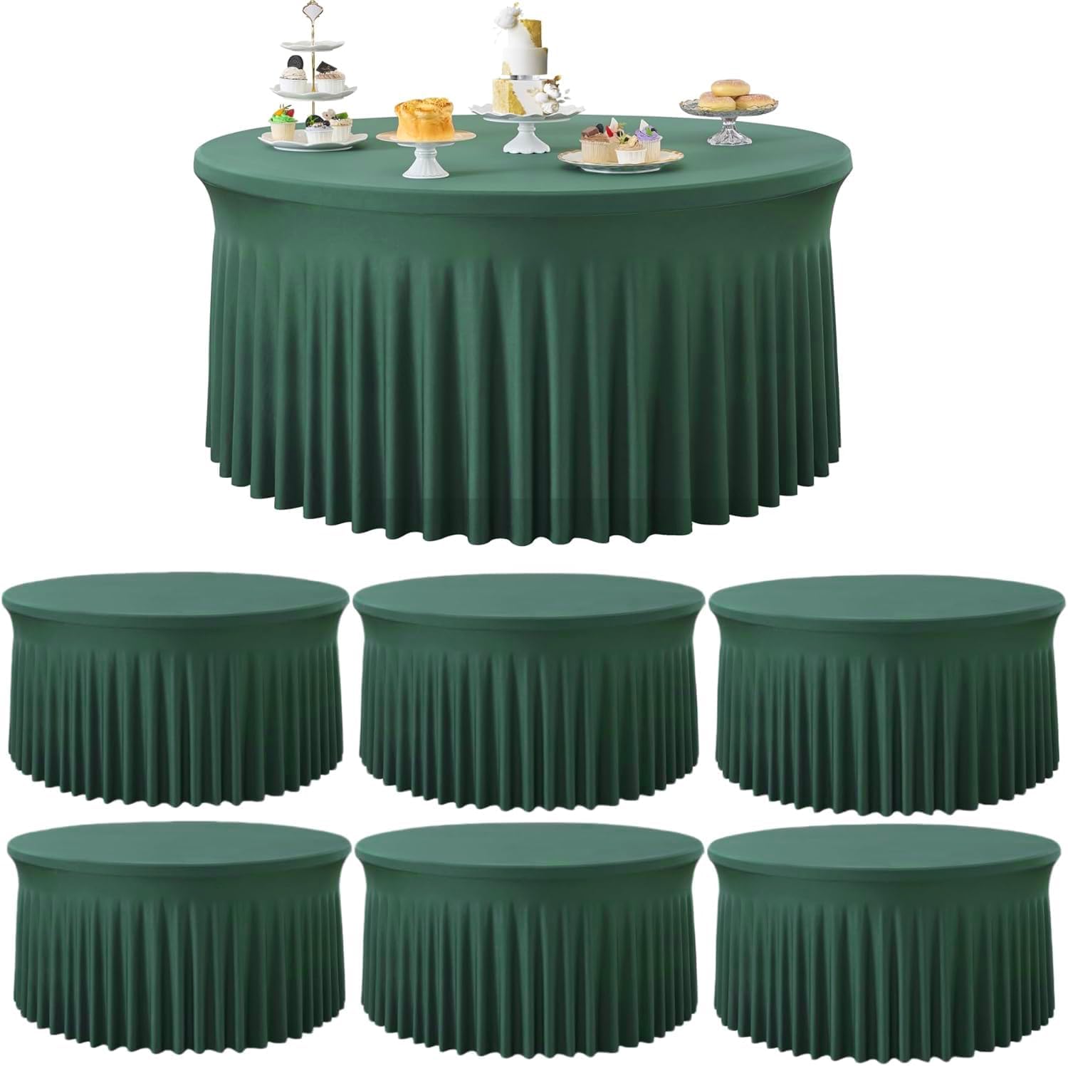 Outpain 6 Pack Spandex Hunter Green Round Tablecloths for 60in Tables, 120Inch Stretchy Fitted 5FT Round Table Clothes,Wrinkle Free Table Cover with Skirt for Wedding Party Dining Banquet