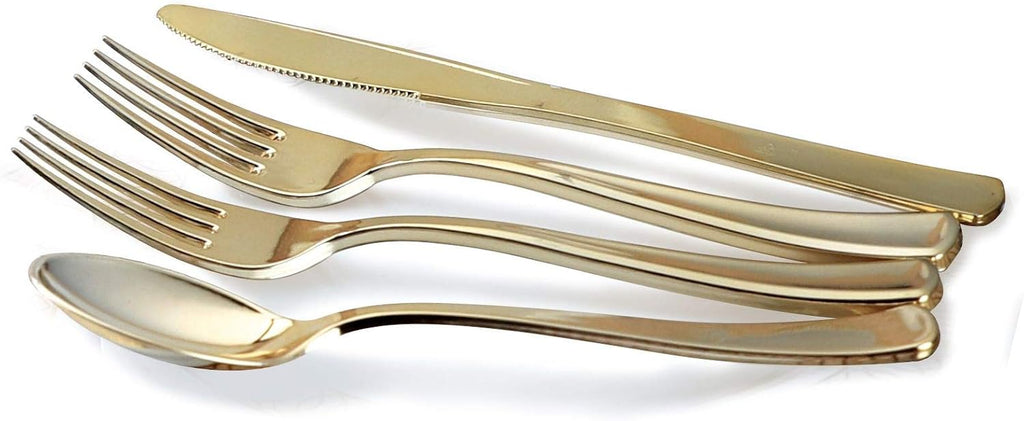 ' OCCASIONS ' 640pcs set (80 Guests)-Heavyweight Wedding Party Disposable Plastic Plate Set -80 x 10.25'' + 80 x 7.5'' + Silverware + Cups + Napkins (Rochelle White and Gold)