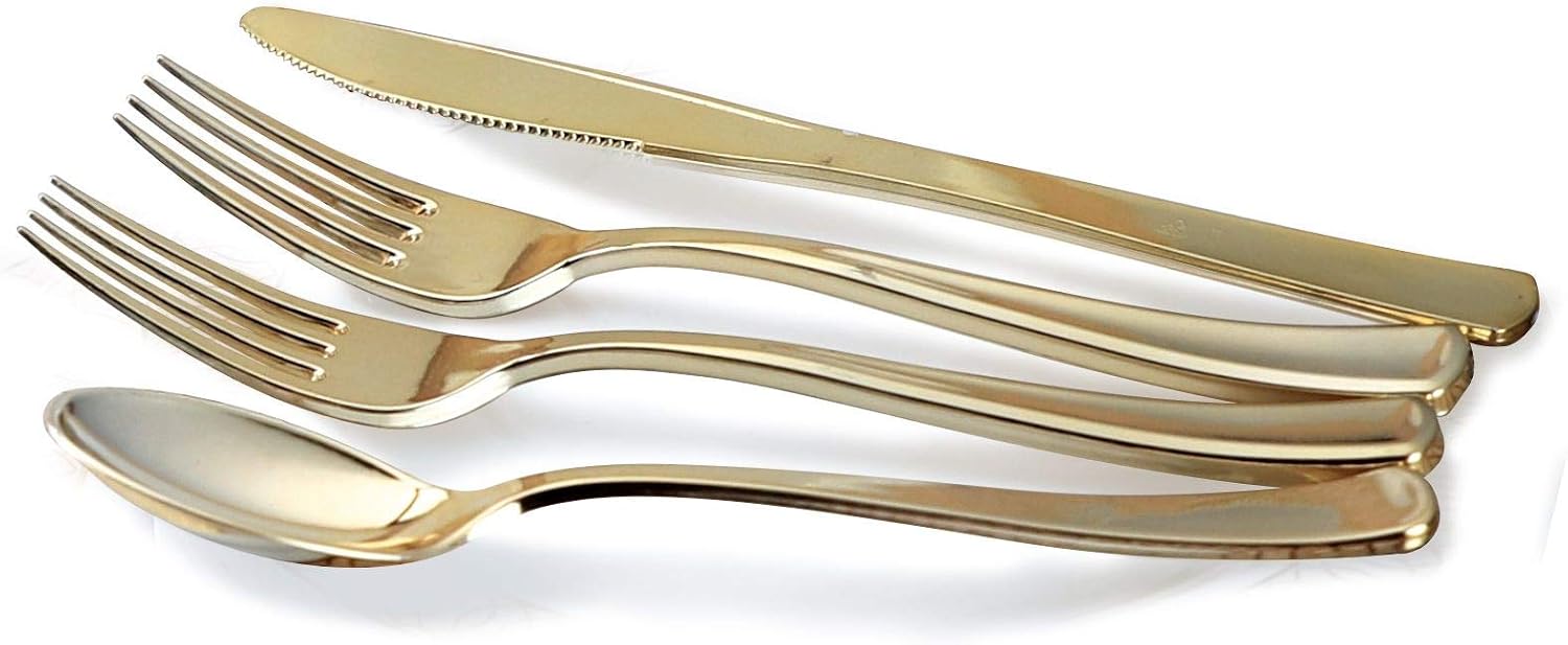 ' OCCASIONS ' 640pcs set (80 Guests)-Heavyweight Wedding Party Disposable Plastic Plate Set -80 x 10.25'' + 80 x 7.5'' + Silverware + Cups + Napkins (Rochelle White and Gold)
