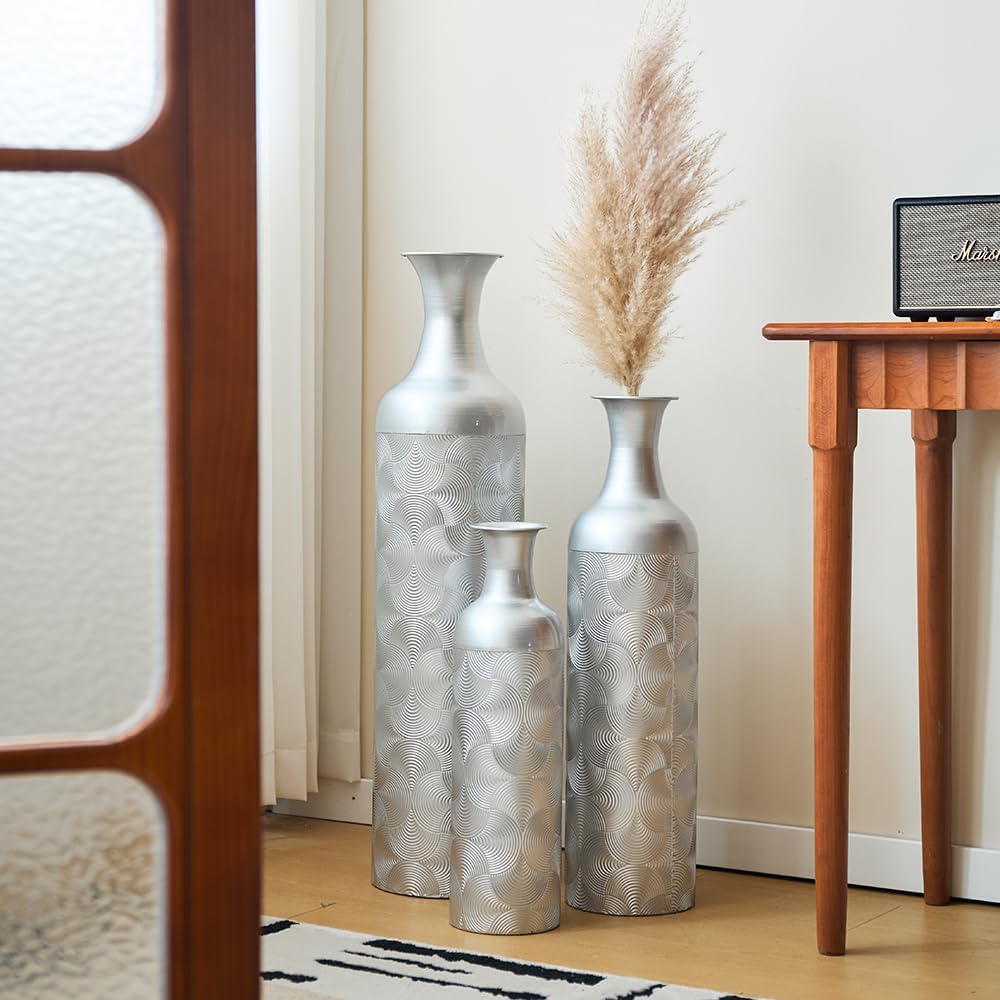 Floor Metal Decorated Vases Set of 3 for Gorgeous Home Decoration Large Glazed Metal Vases (Silver)
