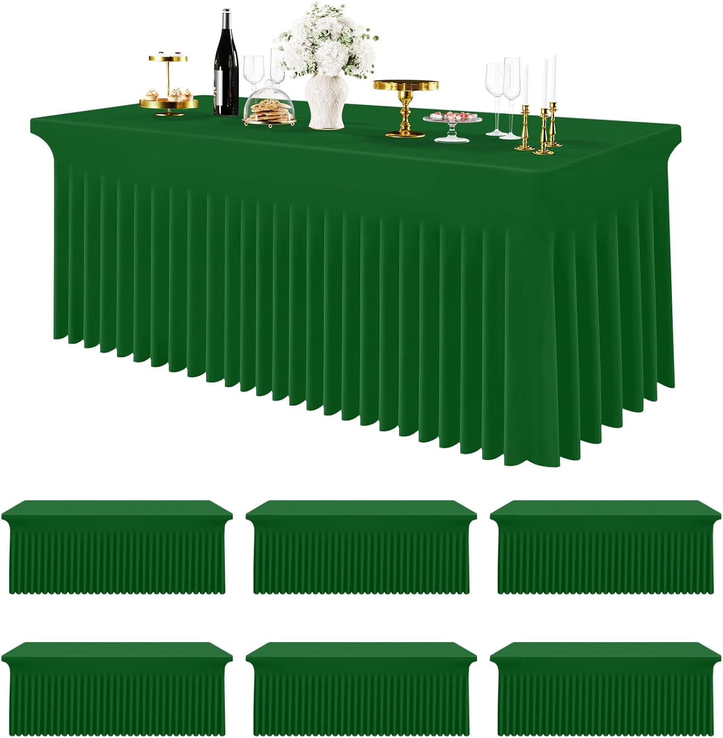 Smiry Spandex Tablecloth 6 Pack, Elastic Fitted Stretch Tablecloth for 6FT Rectangle Tables, Waterproof Washable Table Cover Skirt for Wedding, Banquet & Parties (Emerald Green, 72Lx30Wx30H Inch)