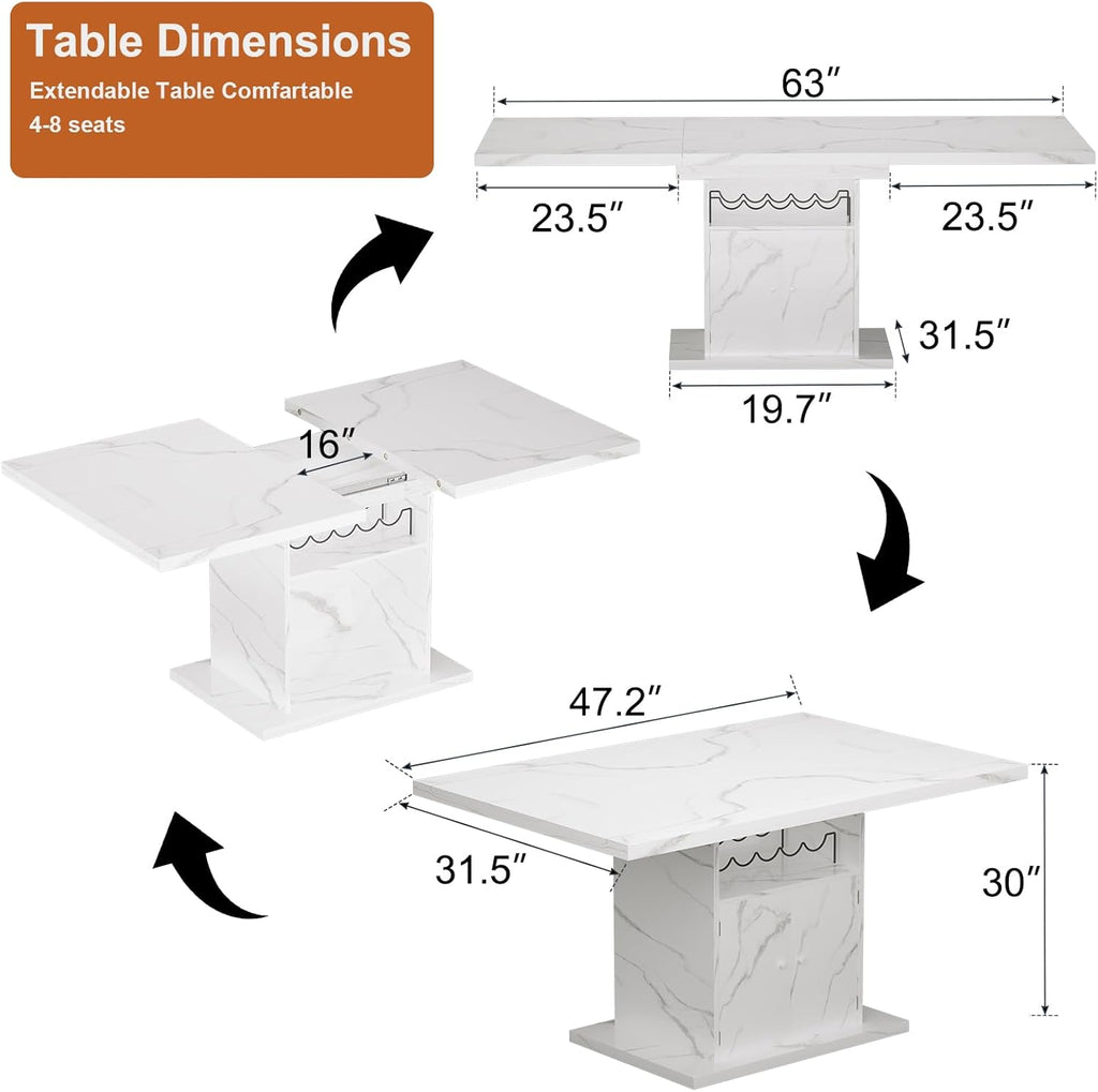 Extendable Dining Room Table for 4-6, 47-63 Inch Rectangle Kitchen Dining Table with Storage, Expandable Modern Rectangle Dinner Table with Faux Marble Top for Kitchen, Dining Room, White Faux Marble
