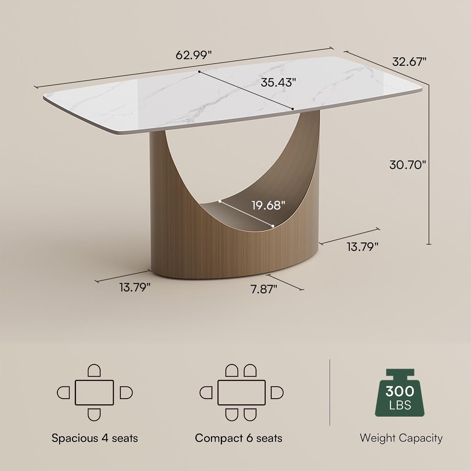 POVISON 63' Modern Dining Table for 4, Glossy White Dining Table, Sintered Stone Dining Tabletop with Bronze Carbon Steel Pedestal Table for Dining Room (Table Only)