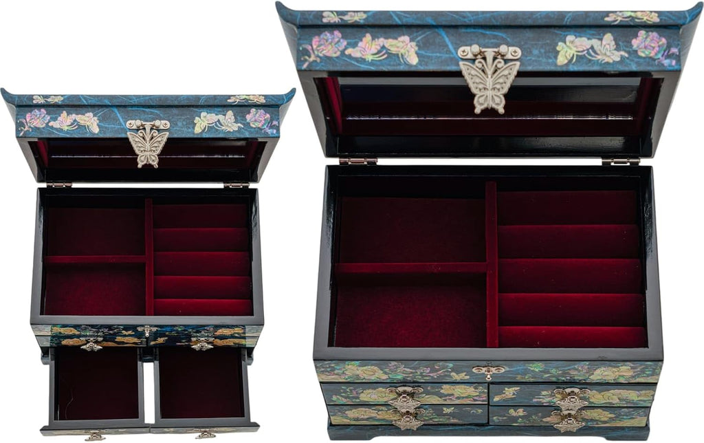 February Mountain Mother of Pearl Wooden Jewelry Organizer Box – Jewelry Storage Box for Women, Features Spacious Drawers, Ideal for Rings, Bracelets, Watches, Chains, Accessories (Peony_Blue)