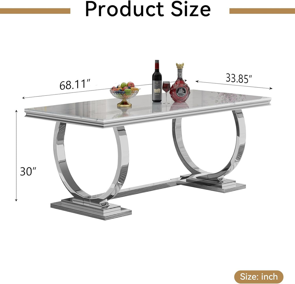 68' White Marble Dining Table for 6-8, Mid Century Modern Dining Table with Faux Marble Top & Silver O Shape Stainless Steel Base,Large Luxury Rectangular Dinner Table for Kitchen Dining Room