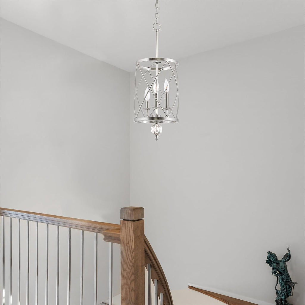 Kira Home Eleanor 27' Modern 3-Light Geometric Lantern Chandelier, Cylinder Trellis Cage Pendant Light with Crystal Finial, Brushed Nickel Finish