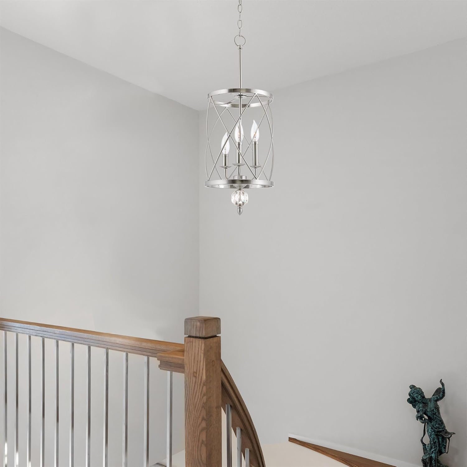 Kira Home Eleanor 27' Modern 3-Light Geometric Lantern Chandelier, Cylinder Trellis Cage Pendant Light with Crystal Finial, Brushed Nickel Finish