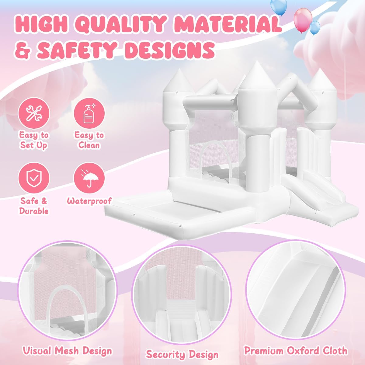 FINCOME Inflatable Bounce House for Kids, White Bounce House with Slide, Jumping Bouncy Castle for Kids Birthday Party, Wedding, Backyard Indoor/Outdoor White (with Blower)