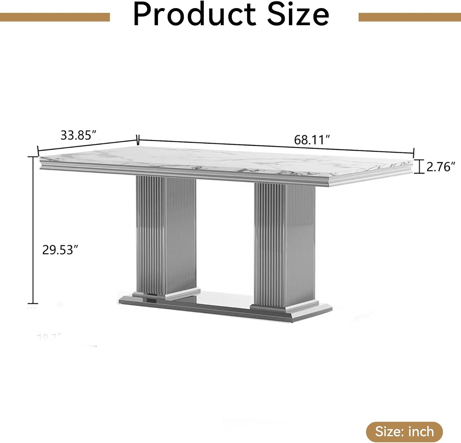 68' White Marble Dining Table for 6 to 8, Luxury Large Rectangular Faux Marble Tabletop & Silver Double Pedestal Base, Mid Century Modern Kitchen Dining Room Table for Dinner Family Gathering