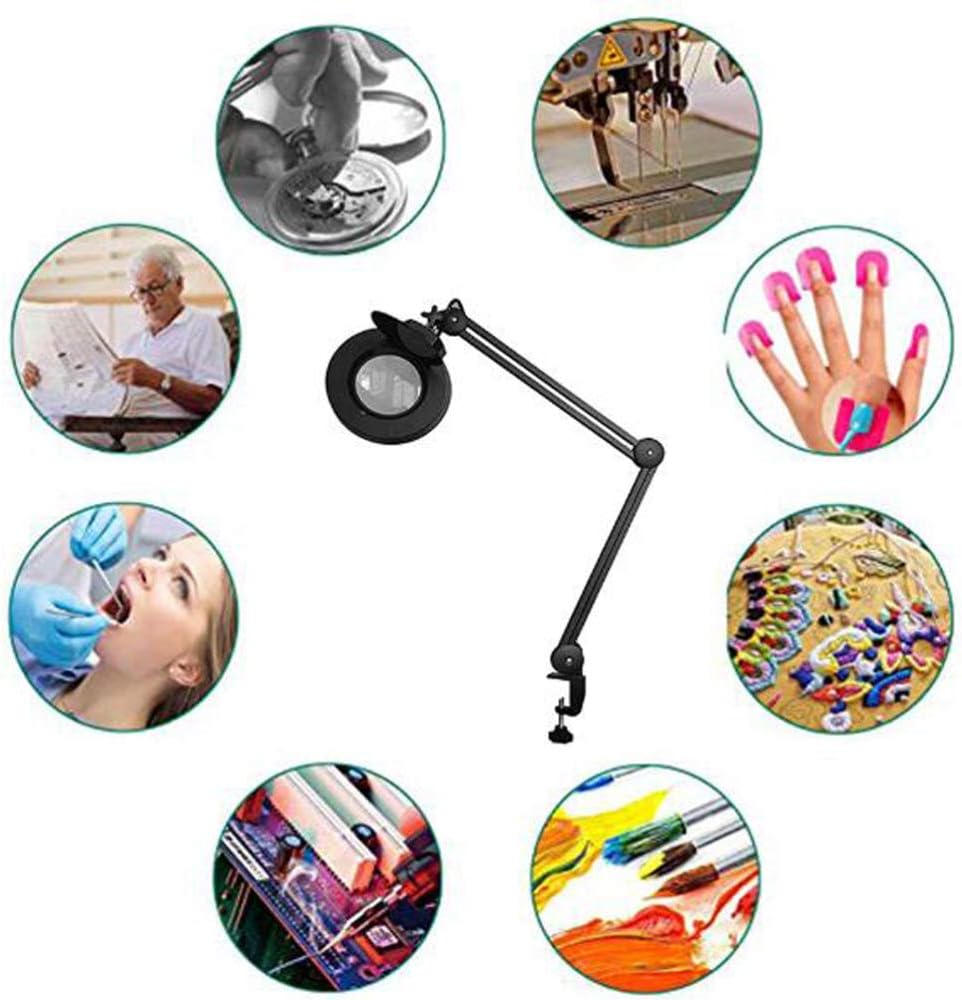 Led 5X Magnifying Glass Clamp Lamp,Daylight Bright Lighted Lens,Adjustable Swivel & Swing Arm Magnifier Table Lamp Light for Beauty Cosmetic Tattoo Manicure A