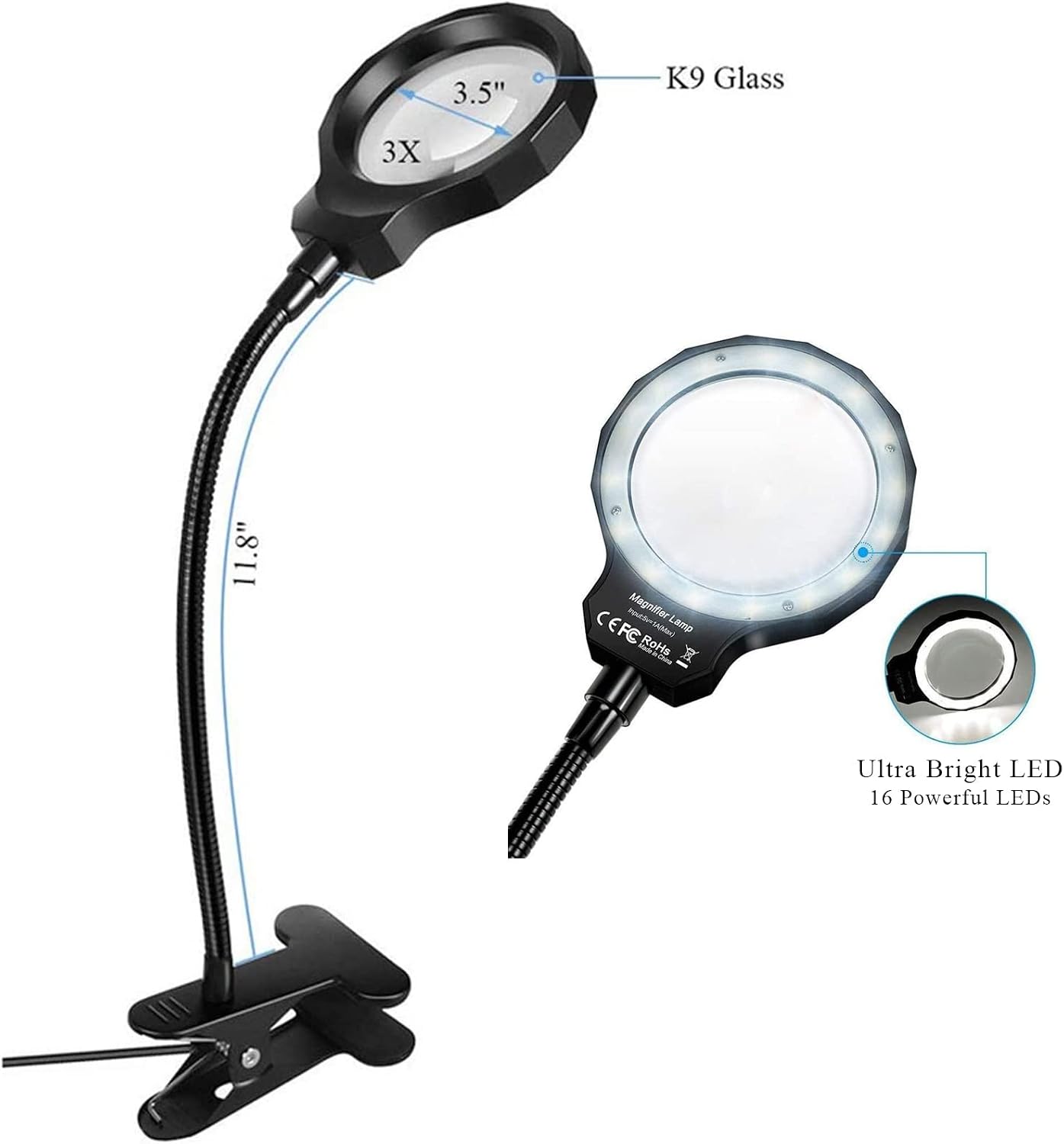 Magnifying Glasses for Hobbies, 3X Daylight LED Magnifying Lamp with Metal Clamp, Illuminated Optical Glass Magnifier Lens, Rechargeable Double The Comfort