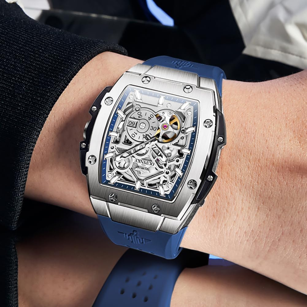 OLEVS Men Watches Business Dress Chronograph Big Square Quartz Analog Male Watch Silicone Strap Waterproof Date Gift Mens Wrsit Watch Silver