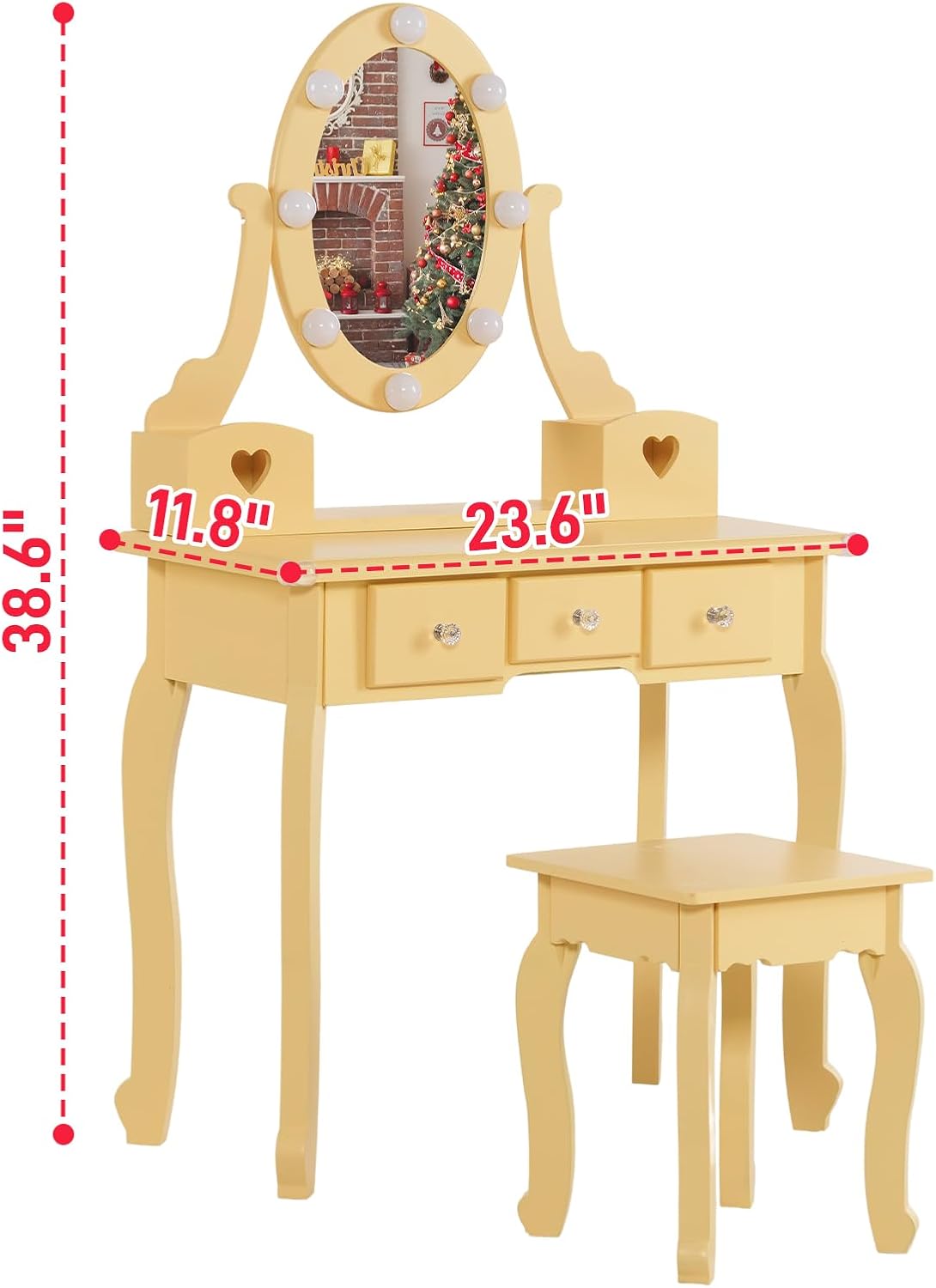 Karl home Kids Vanity Table and Chair Set, Princess MDF Dressing Table with 3-Color LED Lighted Mirror and 3 Drawers, Lovely Waved Design for Toddler's Bedroom and Playroom Decor, Macaroon Orange