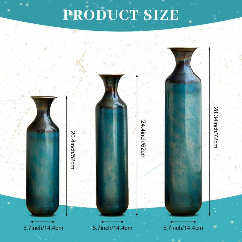 Floor Metal Decorated Vases Set of 3 for Gorgeous Home Decoration Large Glazed Metal Vases (Aqua Blue)