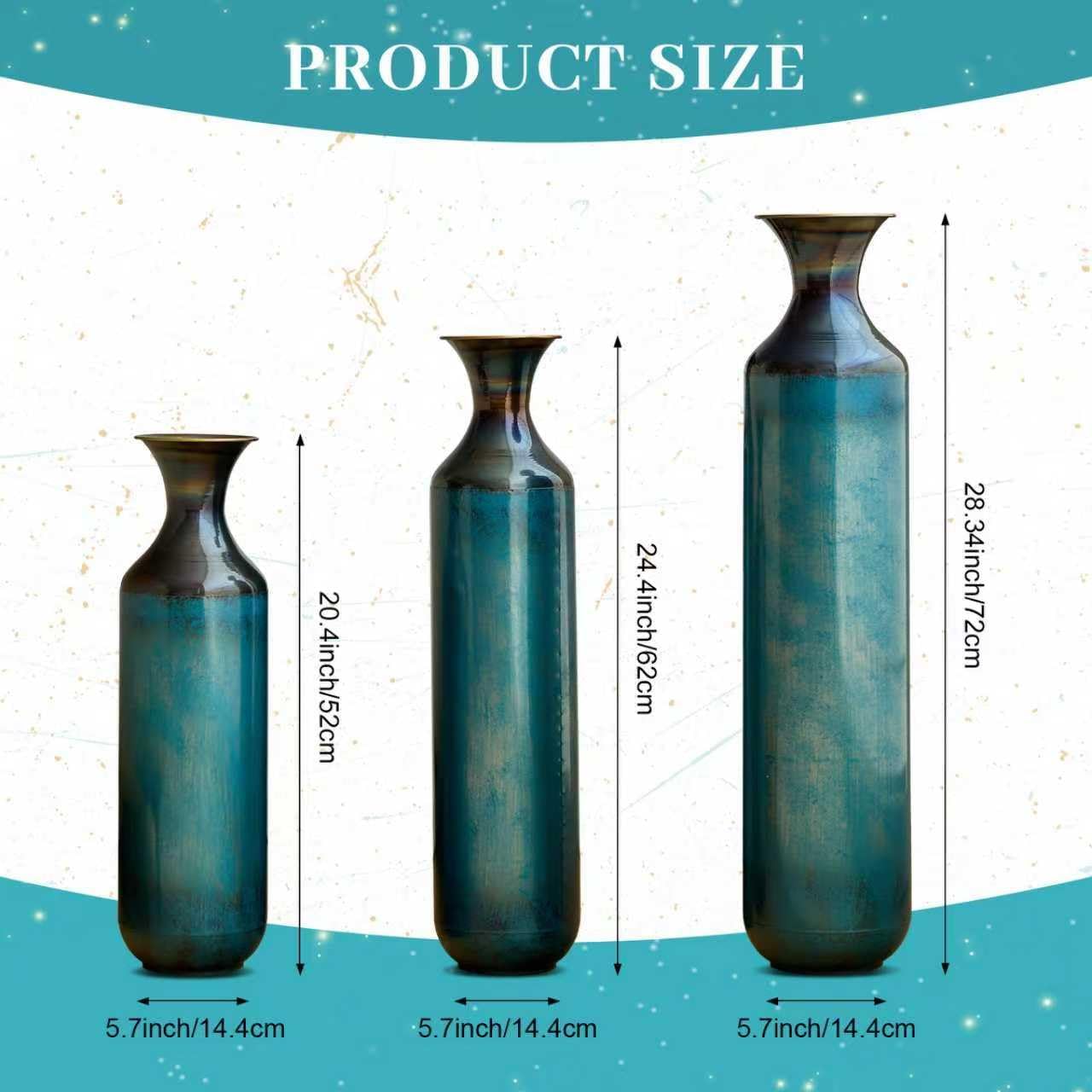Floor Metal Decorated Vases Set of 3 for Gorgeous Home Decoration Large Glazed Metal Vases (Aqua Blue)