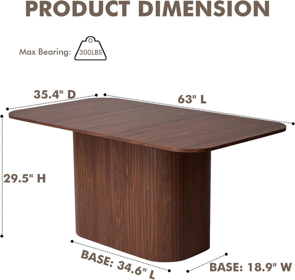 Large 63' Large Dining Table for 4 6, [Rounded Corners] [Grooved Pedestal Base] Modern Rectangle Kitchen Dinner Dining Living Room Table