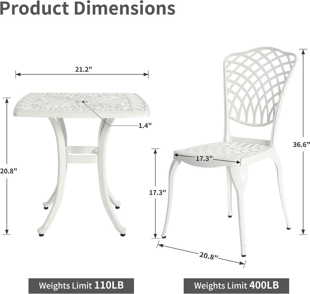 HOMEFUN Thickened Heavy-Duty Cast Aluminum Bistro Set of 2 Outdoor 3 Piece Patio Set with Padded Cushion, Ultra Sturdy Rustproof All-Weather for Garden Balcony, White