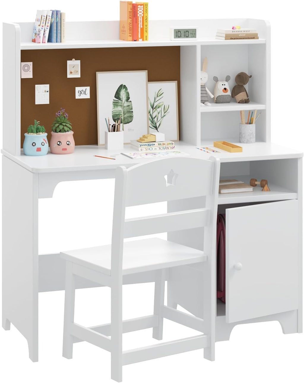 GarveeHome Kids Desk & Chair Set with Hutch, Storage Cabinet, Wooden Children Student Writing Table Computer Workstation for Kids Bedroom & Study Room