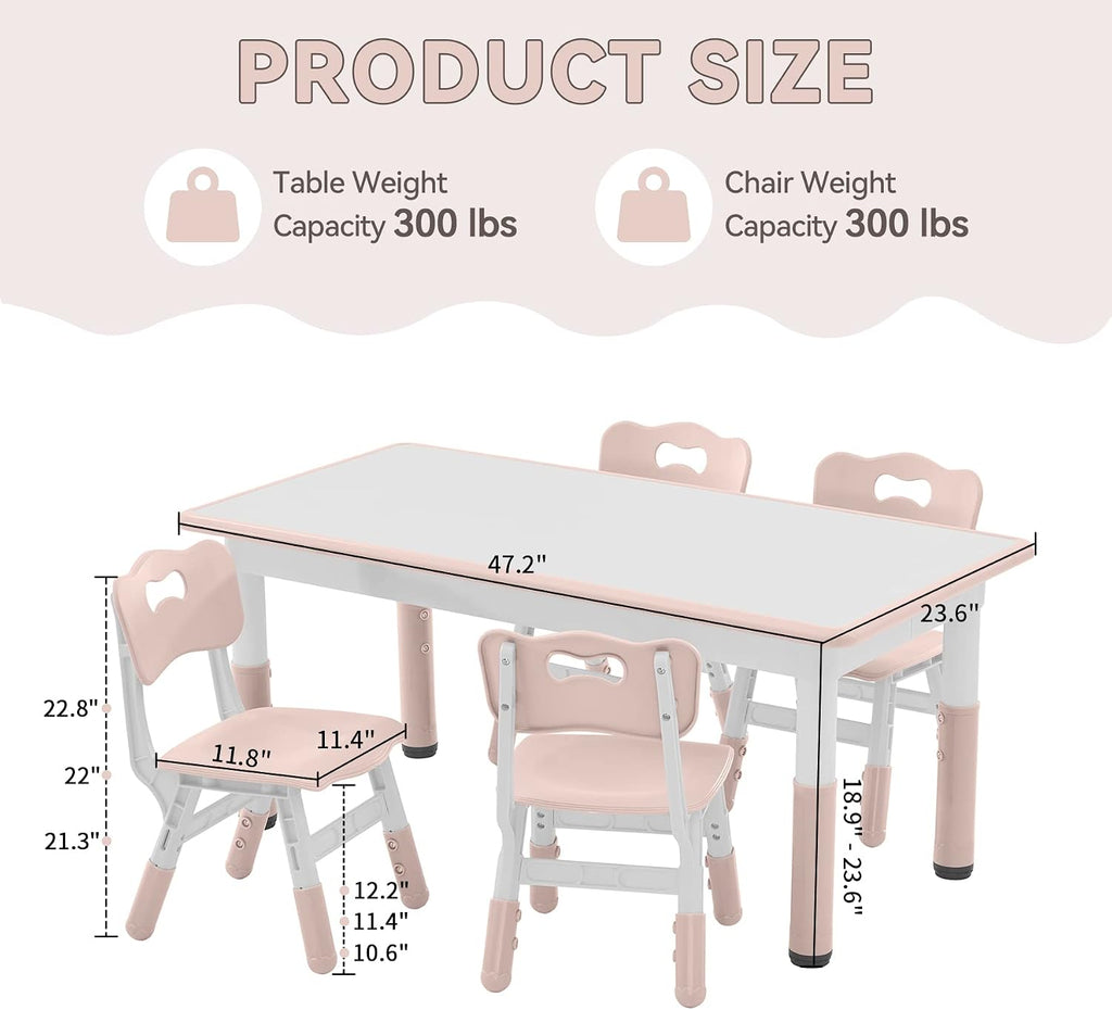 GITAWUSA Kids Study Table and Chairs Set, Height Adjustable Toddler Table and Chair Set for Kids Ages 3-8, Graffiti Desktop Plastic Children Art Table with 4 Seats, Lovely Pink