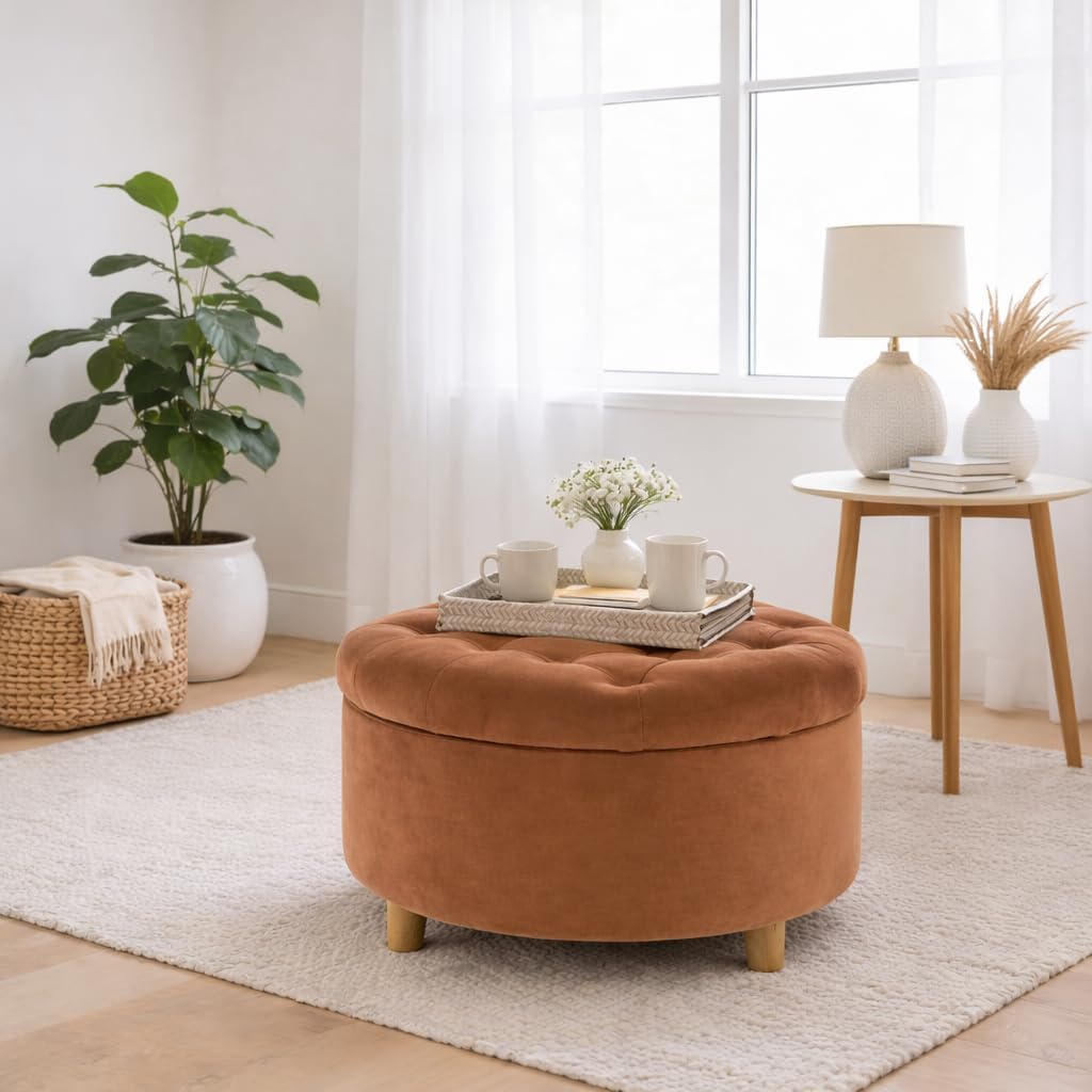 Homepop Home Decor | Button Tufted Velvet Round Storage Ottoman | Ottoman with Storage for Living Room & Bedroom, Spice Orange Velvet