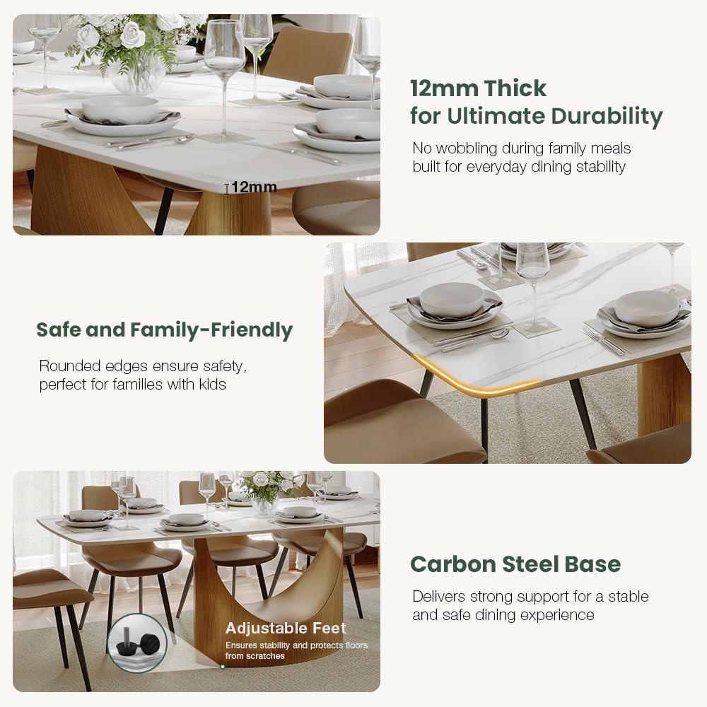 POVISON 94' Modern Dining Table for 8-10, Glossy White Dining Table Sintered Stone Minimalist Tabletop with Bronze Carbon Steel Pedestal for Dining Room (Table Only)