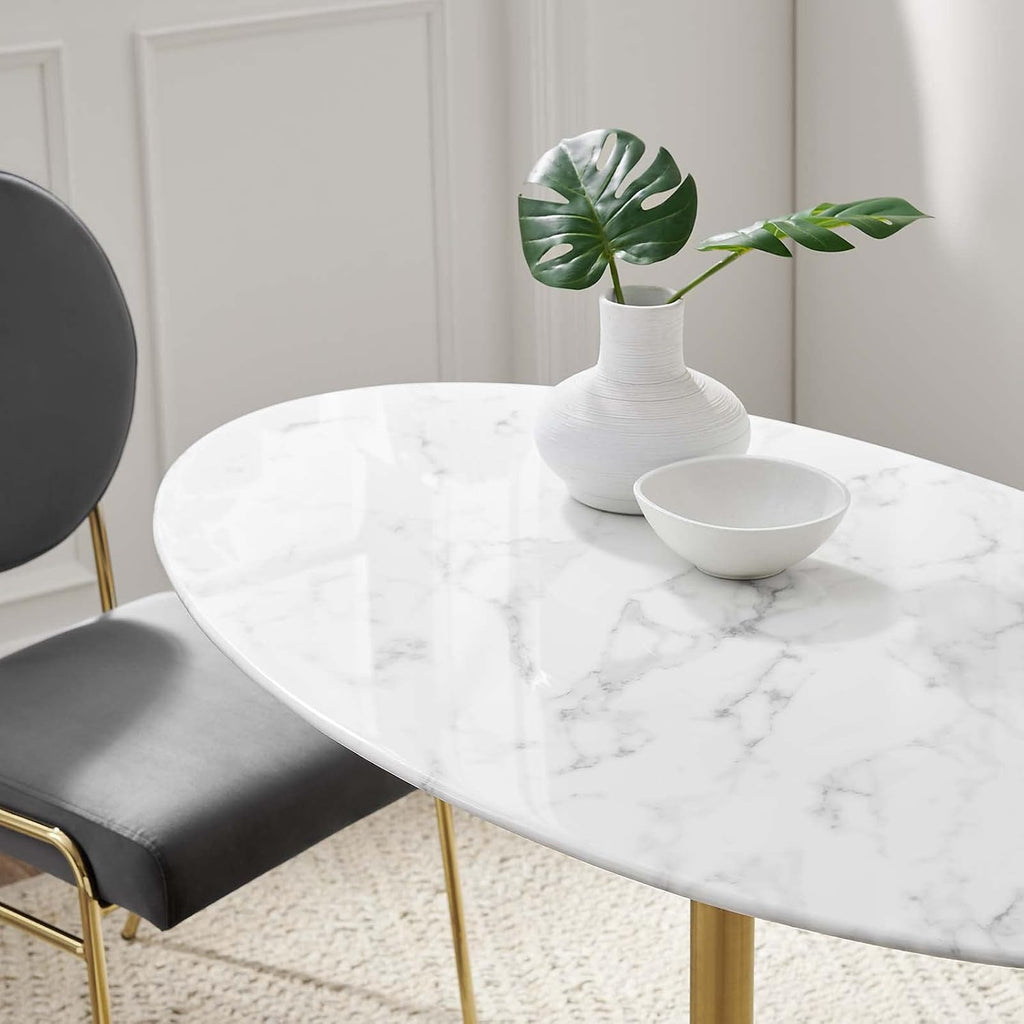 Modway Lippa 48' Oval-Shaped Mid-Century Modern Dining Table with Artificial Marble Top and Gold Base