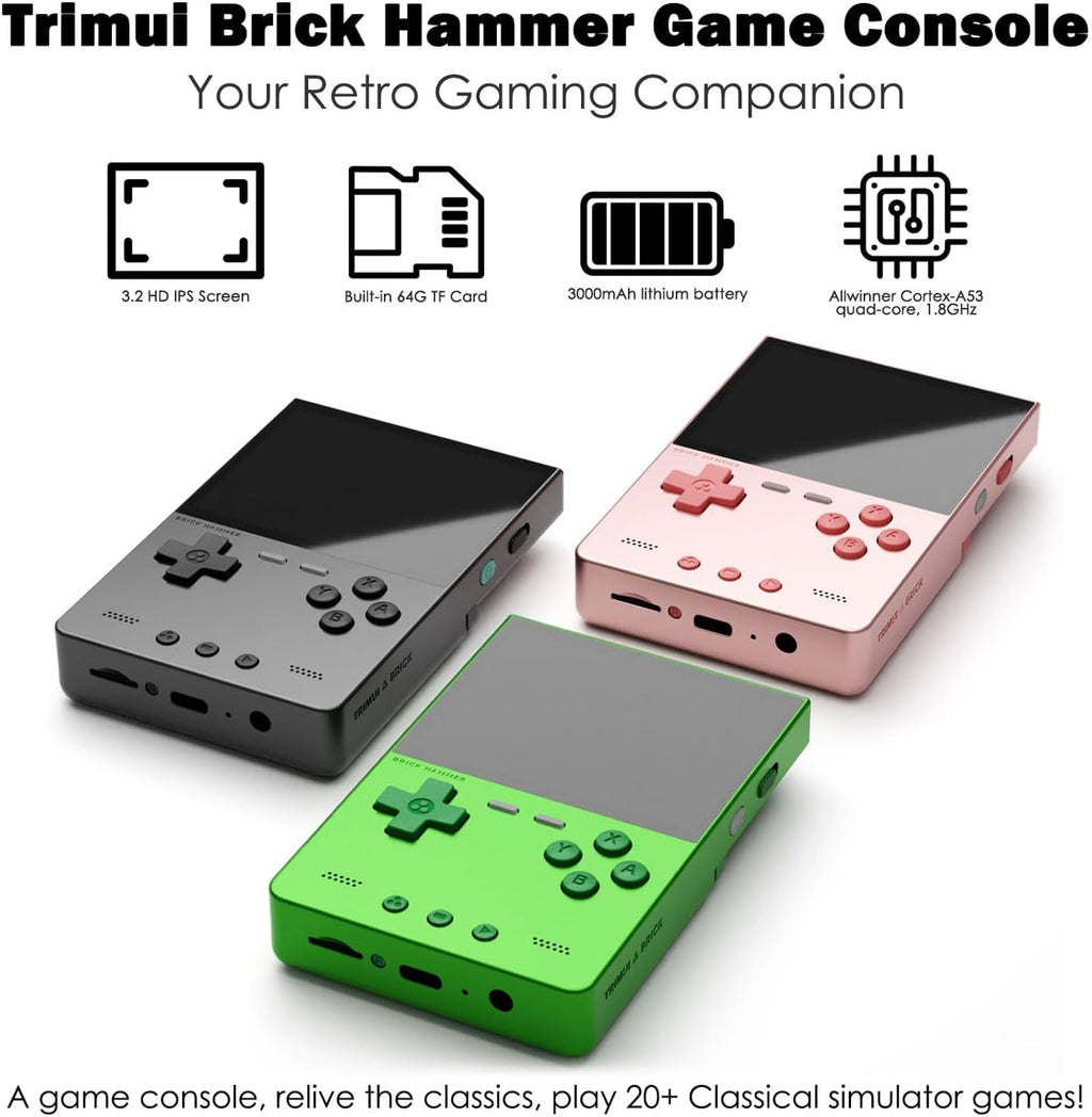 Trimui Brick Hammer Handheld Game Console with 3.2 inch IPS Screen and 3000mAh Battery, Retro Video Games Console with Pre-Installed 64GB TF Card and WiFi Function (Space Gray)